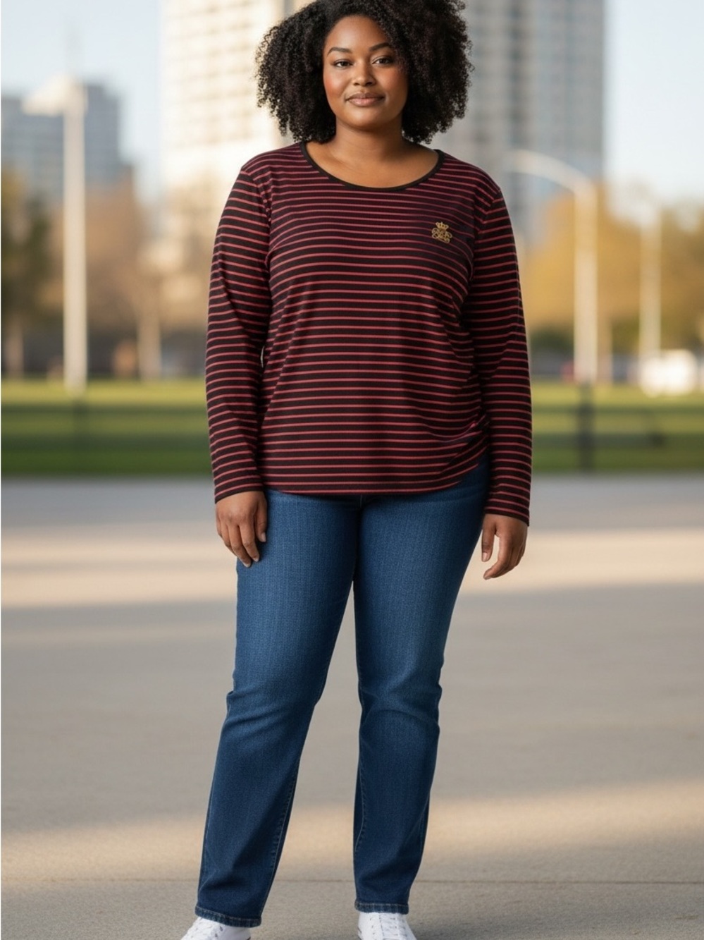 Ralph Lauren Red and Black Striped Long-Sleeve Crewneck Crown Logo